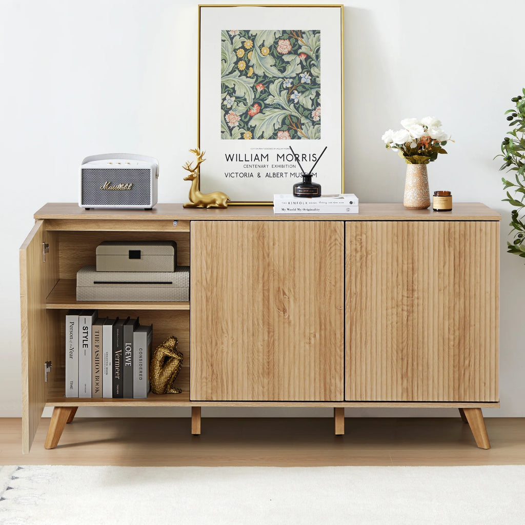 Wirrytor Sideboard Storage Cabinet with Doors and Shelves, Buffet Cabinet with Storage, Credenza Storage Cabinet for Kitchen, Wooden Fluted Cabinet, Under TV Cabinet with Storage - Black