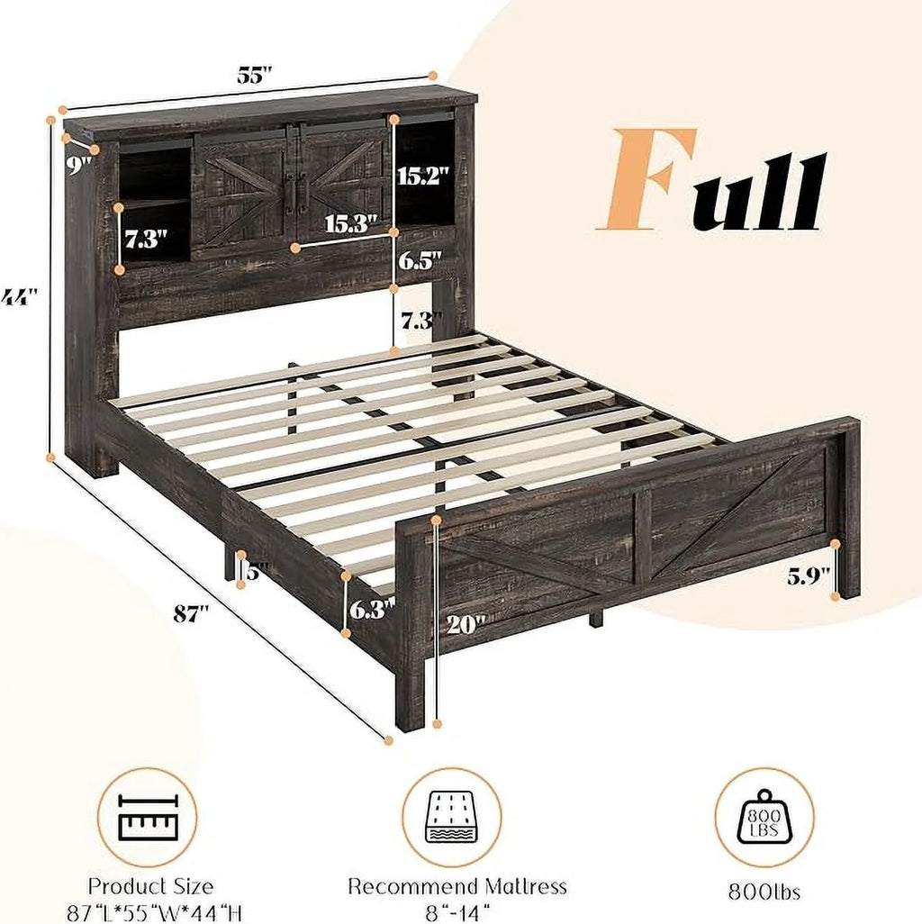 Merluxy Farmhouse Full Bed Frame with Storage Bookcase & Charging Station, Bedroom Furniture, Grey