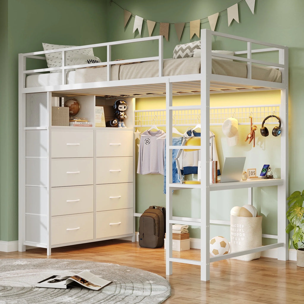 Afuhokles Twin Size Loft Bed with Desk and 8 Storage Drawers and Charging Station, Metal Loft Bed Twin with LED Lights, Storage Shelves, Black