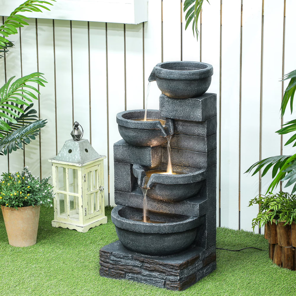 Outsunny 30" Outdoor Fountain with Lights, 4-Tier Resin Cascading Water Bowls Garden Fountain with Pump, Gray