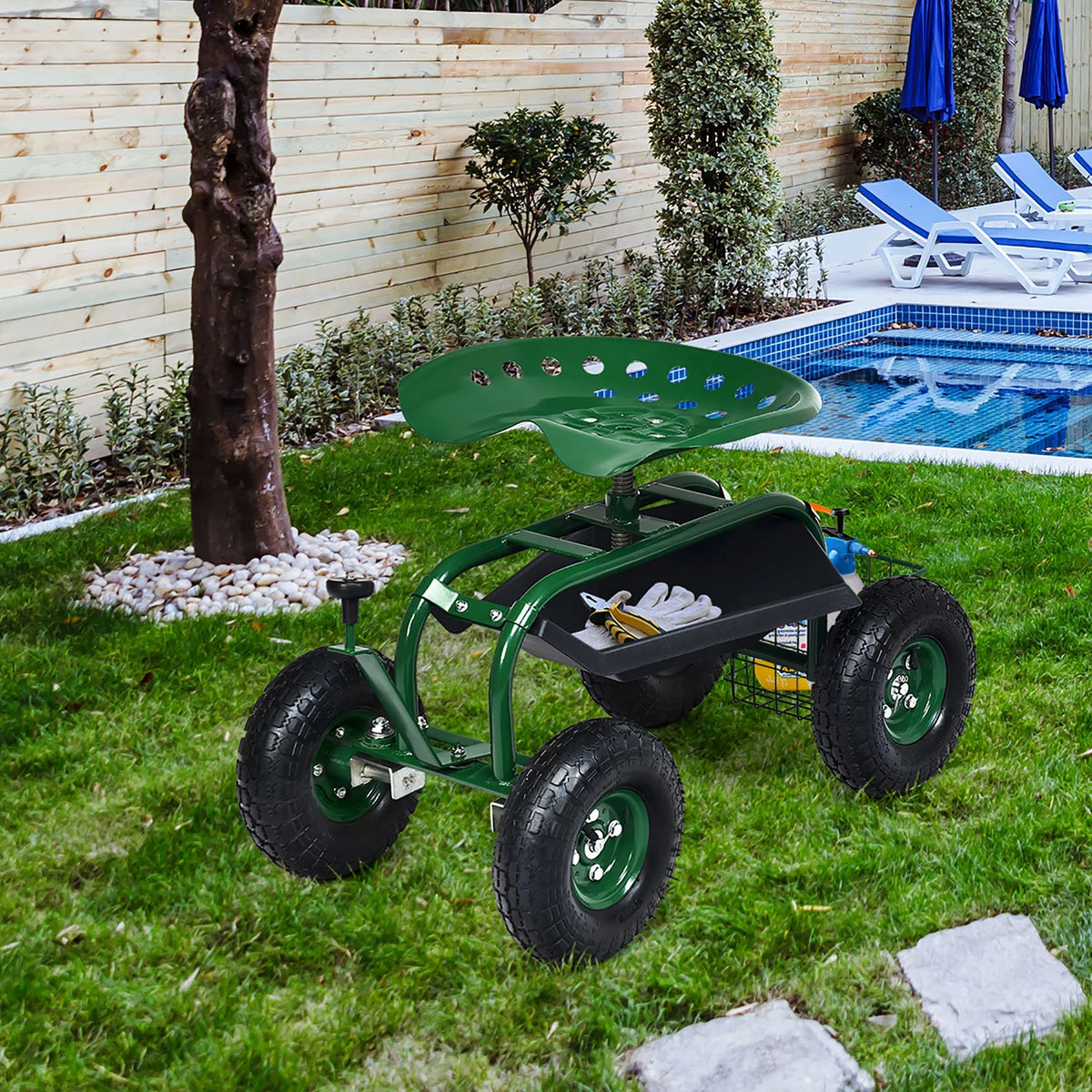Costway Garden Cart Rolling Work Seat w/ Tool Tray Basket Green
