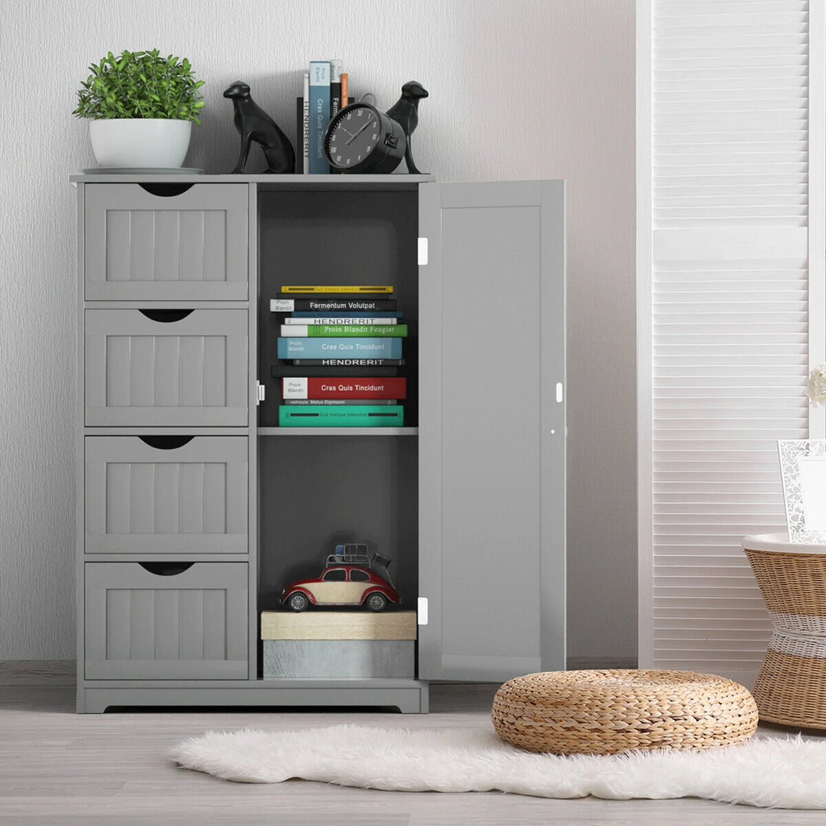 Gymax Bathroom Floor Cabinet Storage Organizer Cupboard w/ 4 Drawers Adjustable Shelf Grey