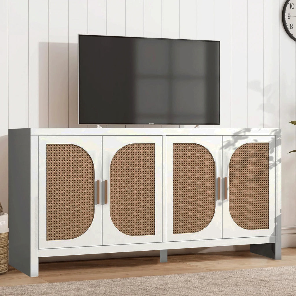 Modern Rattan Sideboard Buffet Cabinet, Kitchen Storage Cabinet, Living Room TV Stand for TVs up to 65", Entertainment Center with Adjustable Shelf, for Dining Living Room Hallway, White