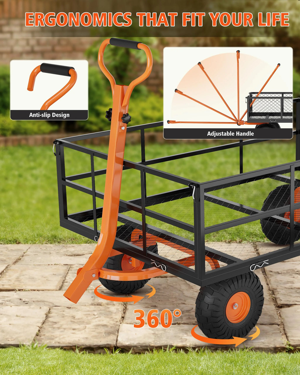 Heavy Duty Steel Garden Cart, Garden Wagon Cart on Wheels, Outdoor Metal Yard Utility Wagon Carts  w/Adjustable Handle & Removable Sides(Convert to Flatbed)