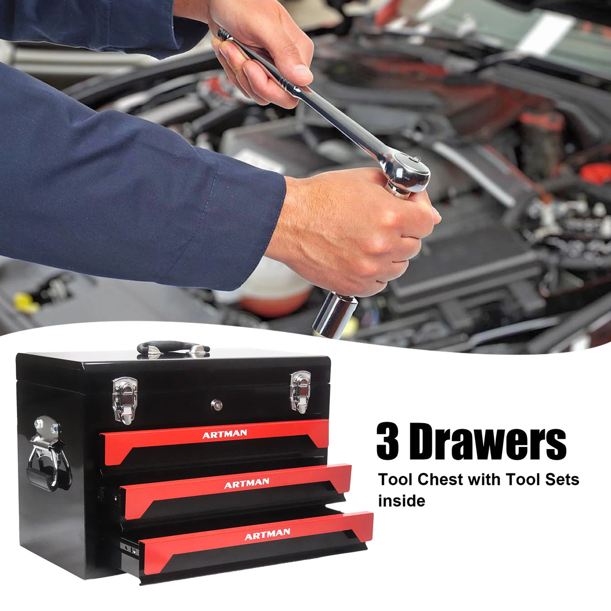 NIGSQJB Tool Set 439pcs with 3 Drawers Tool Box Organizer, Mechanic Tool Set for Home, Tool Box Set 4-Tier Socket Wrench Ratchet Plier Nails, Home Tool Set Mechanics Kit for Adults Man Handyman, Red