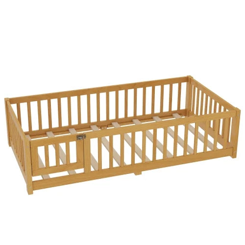 Bellemave Full Size Floor Bed with Door and Fence Floor Bed with Bed Slats Sturdy Wood Floor Bed Montessori Bed Frame (Full, Pink)