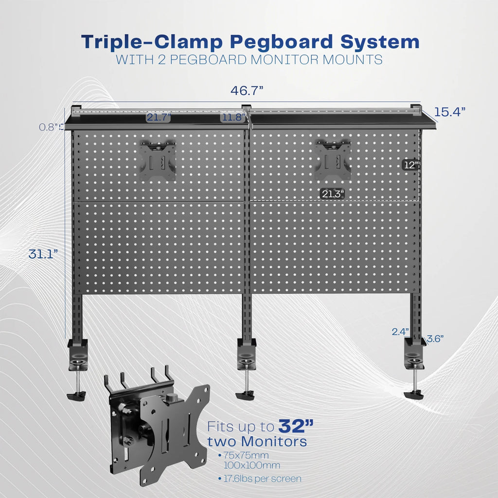 VIVO Black Steel Clamp-on 47" Pegboard with Monitor Mounts & Overhead Shelf