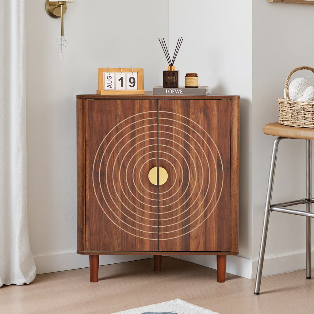 Accent Cabinet with Round Carved Line Door for Entryway Hallway, Walnut Sideboard Buffet Cabinet, Storage Cabinet with Adjustable Shelves for Living Room