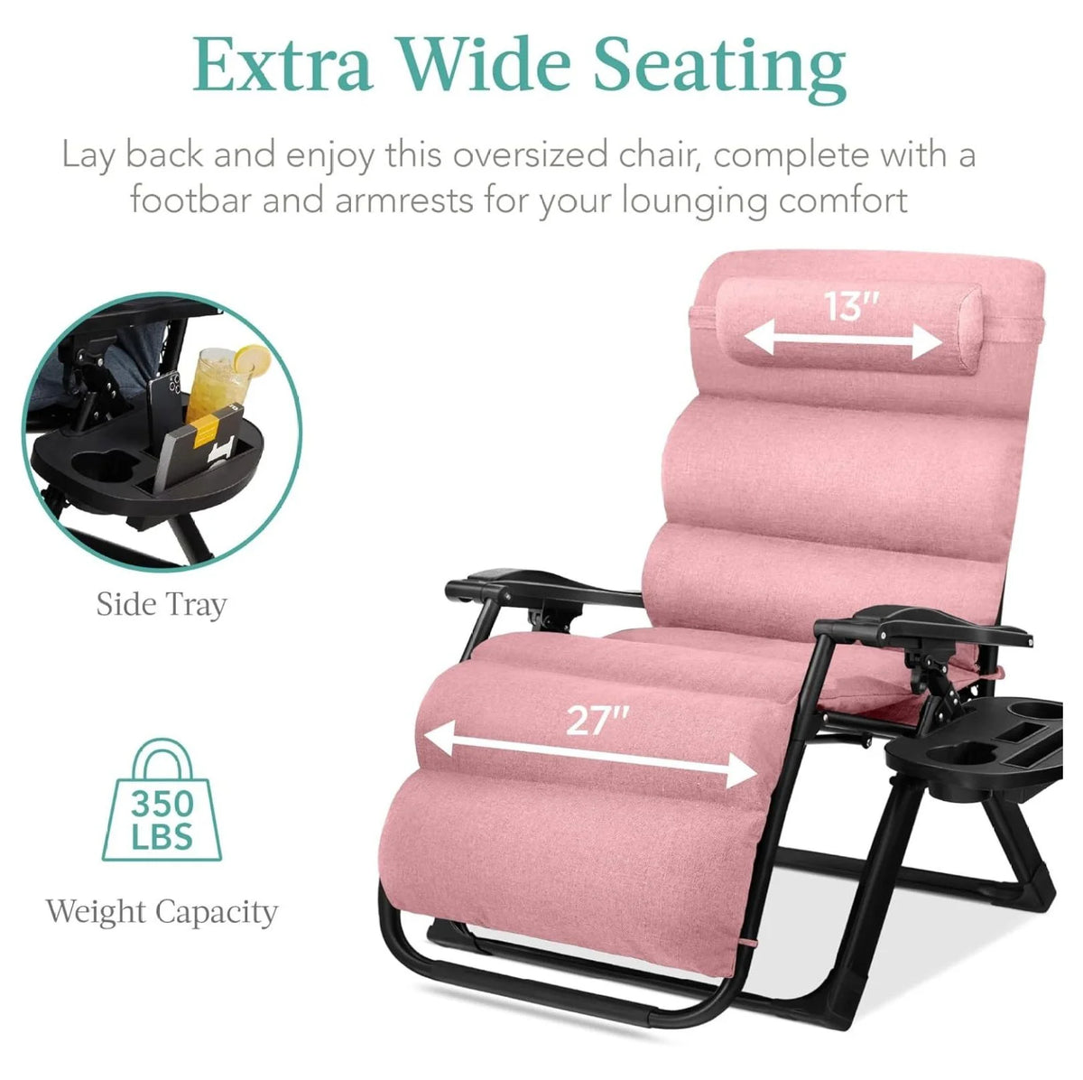 Oversized Chair, Folding Outdoor Patio Recliner, XL Anti Gravity Lounger w/Removable Cushion, Cup Holder, Side Tray, 350lb Capacity - Taupe