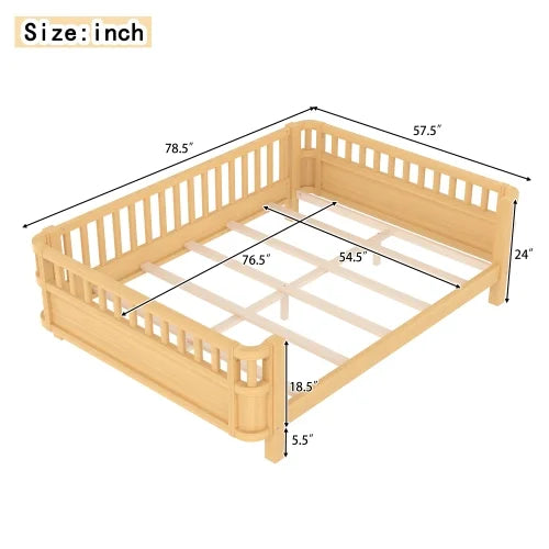 Bellemave Full Size Bed Frame, Full Montessori Bed with Safety Guardrails and Detachable Fence, Wood Full Daybed Frame, Low Profile & Rounded Corners Design, Natural