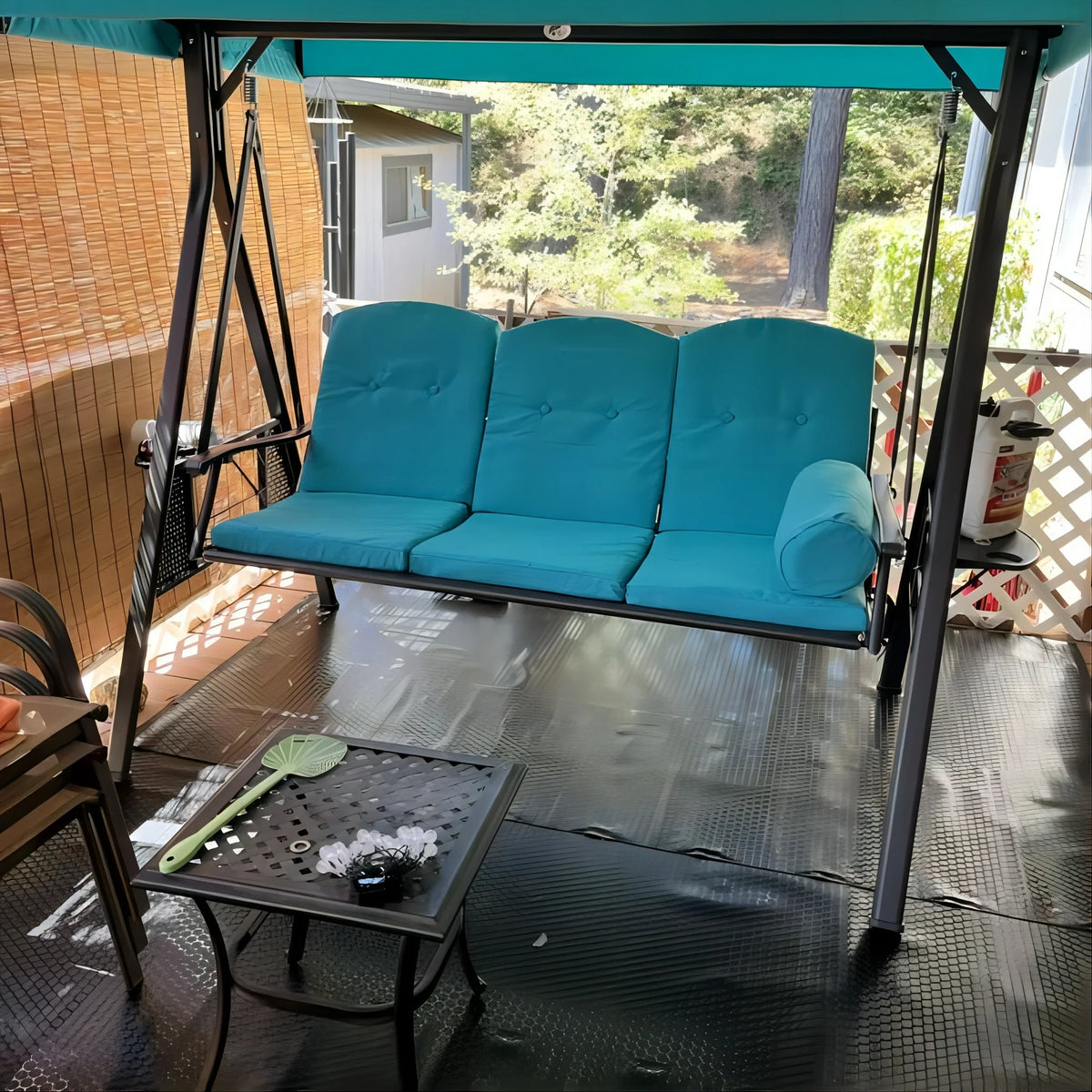 PURPLE LEAF 3-Seat Deluxe Outdoor Patio Porch Swing with Weather Resistant Steel Frame, Adjustable Tilt Canopy, Cushions and Pillow Included, Terra