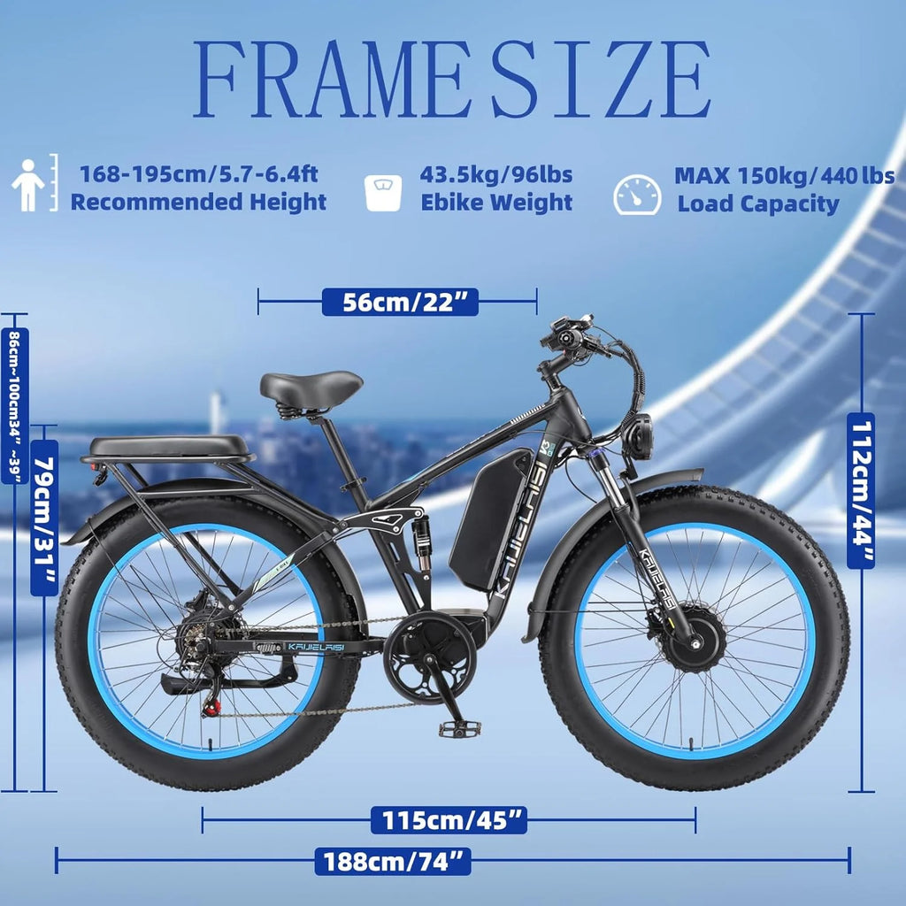 KAIJIELAISI Electric Bike for Adults,AWD Ebikes Dual Motor Peak 6000W, 26'' Fat Tire bikes with 52V 26AH Battery Hydraulic Brake Electric Bicycle, 7 Speed Mountain EBike UL 2849.