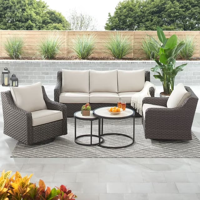 Better Homes & Gardens River Oaks Outdoor 5-Piece Wicker Conversation Set with Patio Cover, Dark Brown