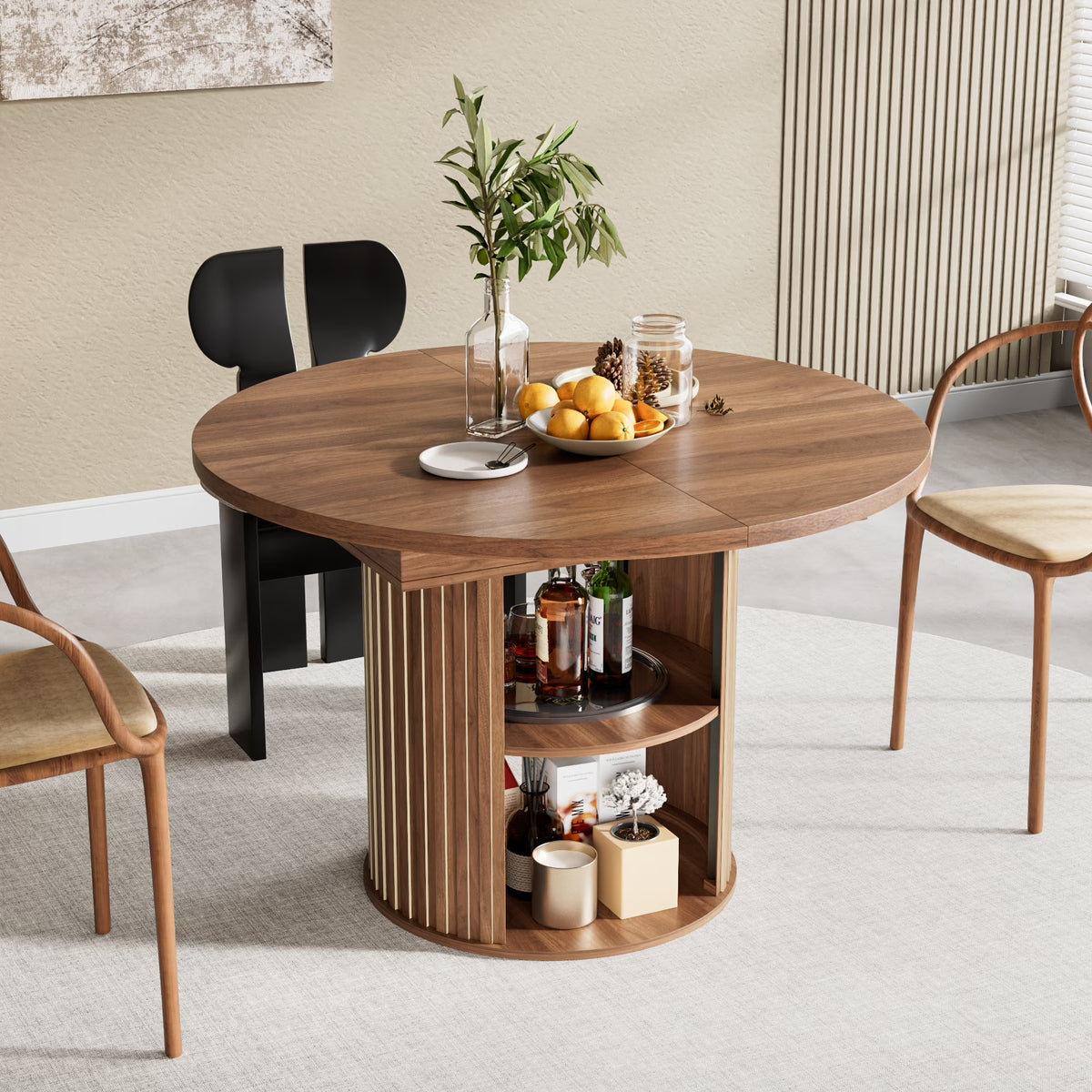 Extendable Dining Table for 4-6, Round Kitchen Table with Storage Shelf, Oval Dining Tables for Living Room (Walnut)