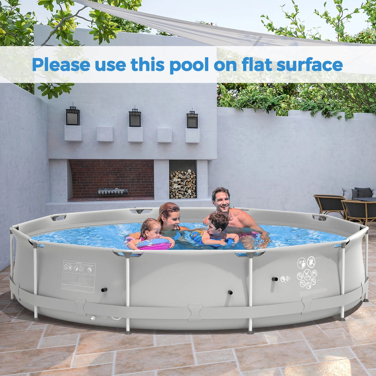 Infans Round Above Ground Swimming Pool Patio Frame Pool W/ Pool Cover Iron Frame Blue