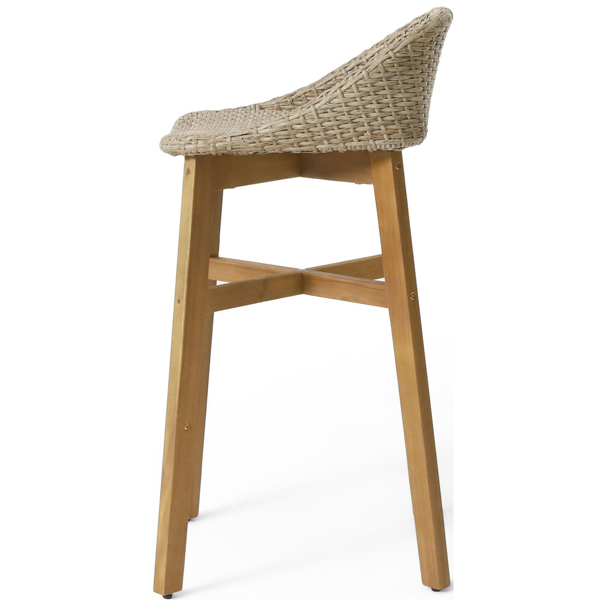 Borah Wicker and Acacia Wood Outdoor Barstools, Set of 4, Light Multibrown and Teak