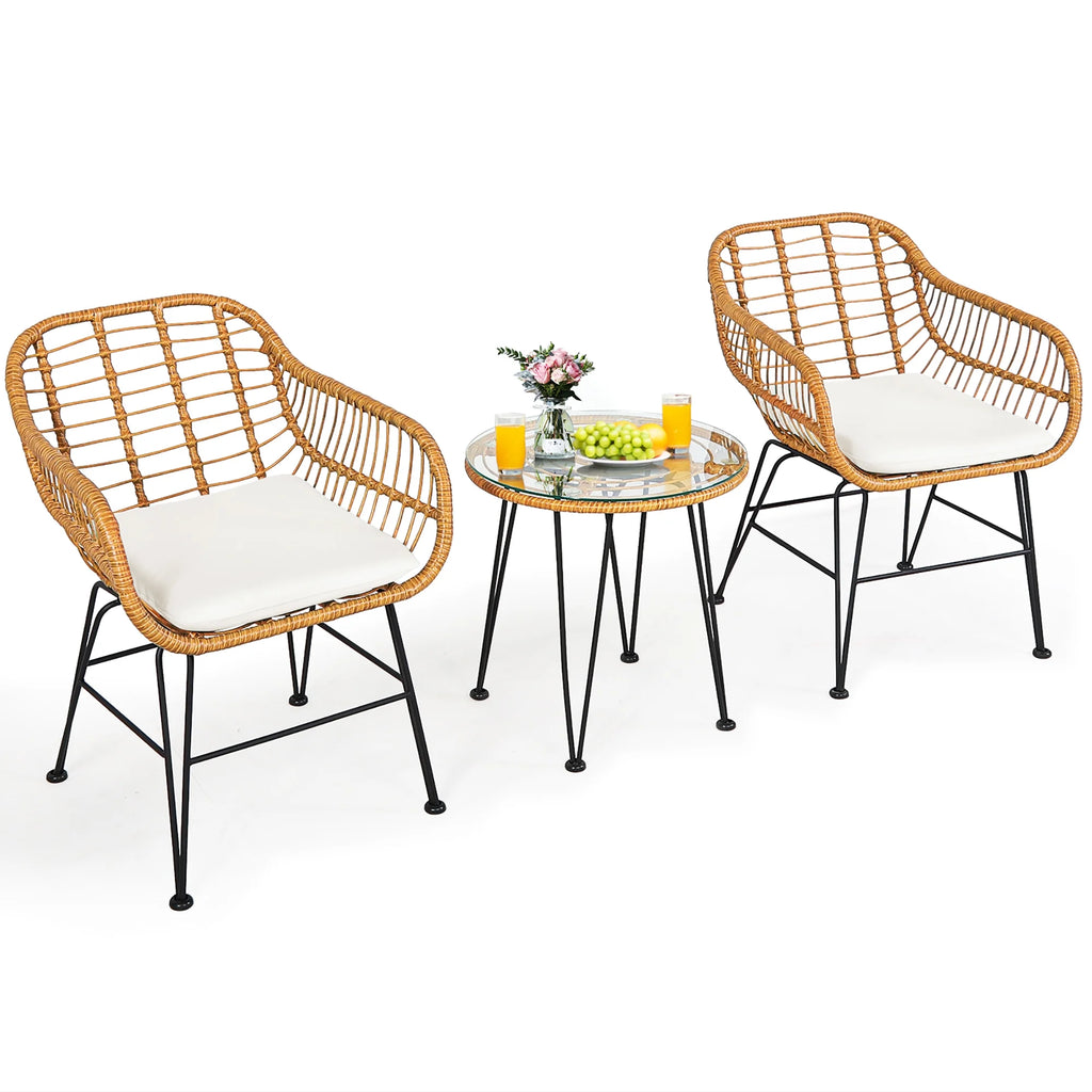 Costway 3PCS Patio Rattan Bistro Furniture Set Cushioned Chair Table Navy