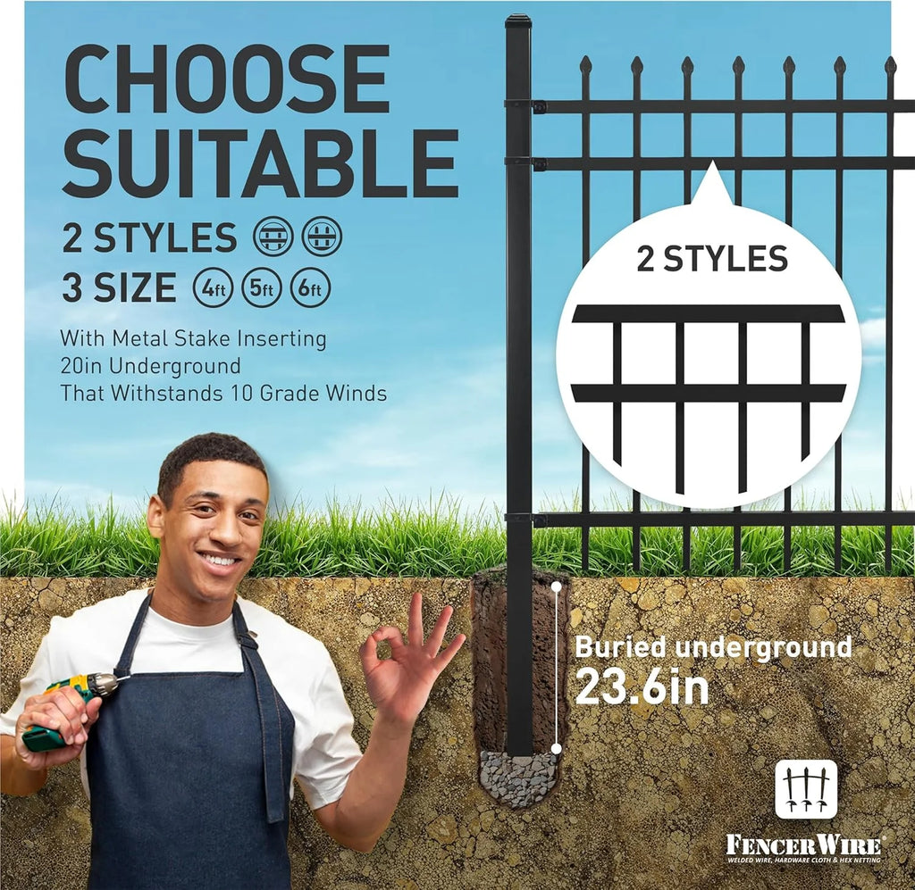 Fencer Wire Pack of 5 Heavy Duty Pinnacle Fence Barrier Panel, 5FT Height X 8FT Width Anti-Rust Metal Fencing Panel, 2 Diameter Steel Outdoor Decorative Garden Fence Panel for Yard, Pool, Patio