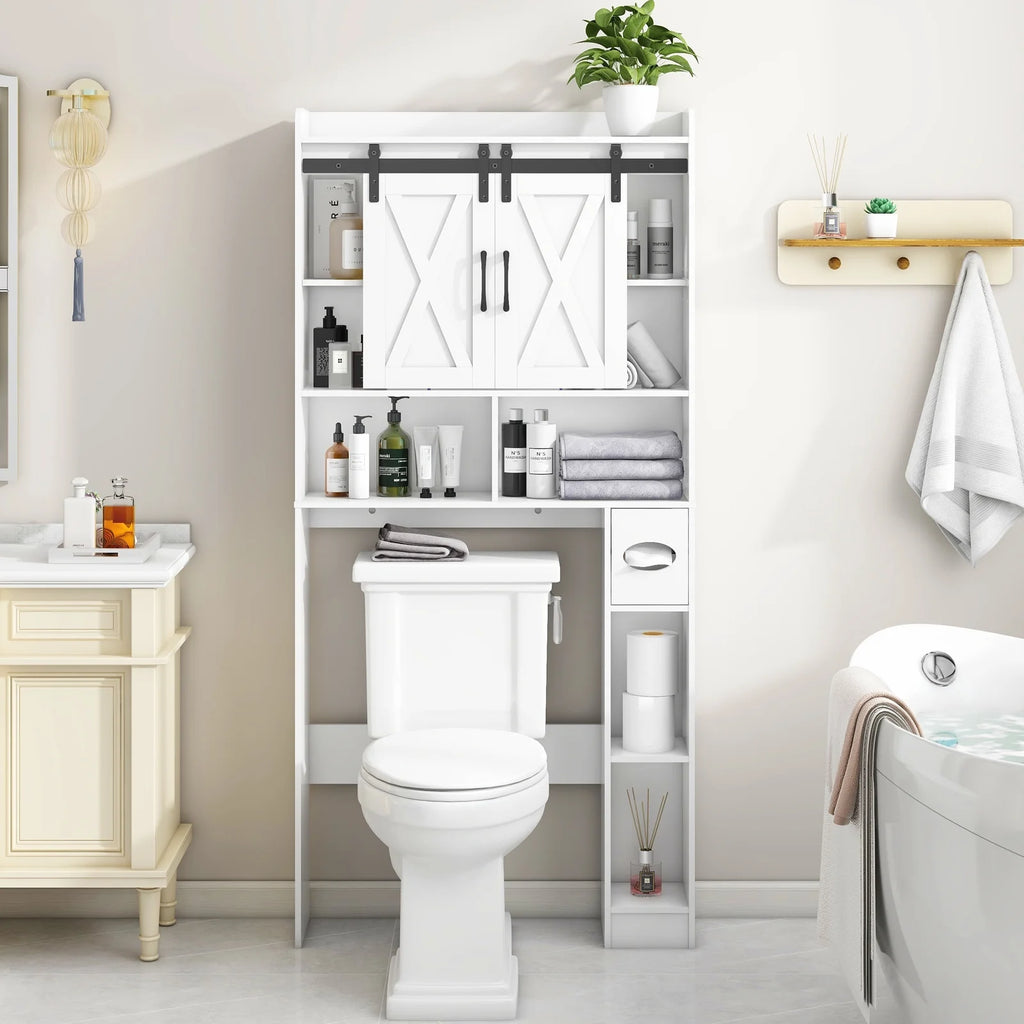 Over The Toilet Storage Cabinet, Farmhouse Storage Cabinet Over Toilet with Sliding Doors Home Space-Saving Toilet Rack, for Bathroom, Restroom, Laundry