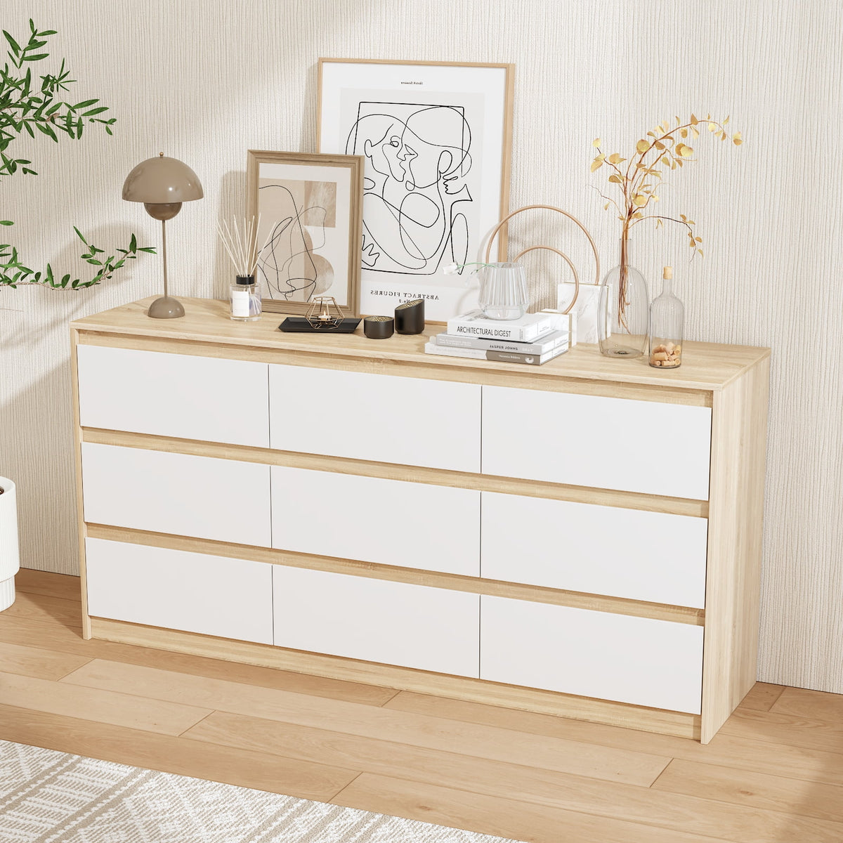 KULAGAGA 9 Drawer Dresser Chest of Drawers, 63 Wide Dressers, Modern Wood Drawer Chest Storage Organizer, No Handle Design for Bedroom Living Room Hallway, White