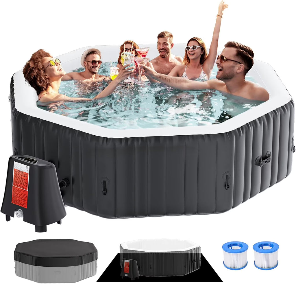 4-6 Person Inflatable Hot Tub, Large Polygon Portable Blow up Hot Tub, Leak-Proof PVC Outdoor Spa with 130 Air Jets, Insulated Cover and Heater Pump, 77 X 77 X 25