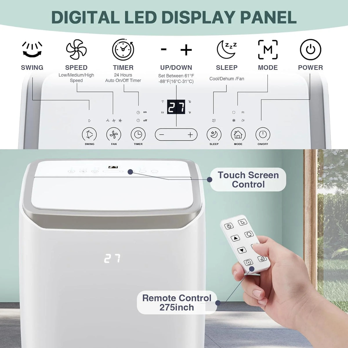GAOMON 14000BTU Portable Air Conditioners Cool up to 750 Sq Ft, 3 in 1 Portable AC Units for Rooms with Fan & Dehumidifier, Remote Control, Sleep Mode, 24H Timer, Window Vent Kit,White