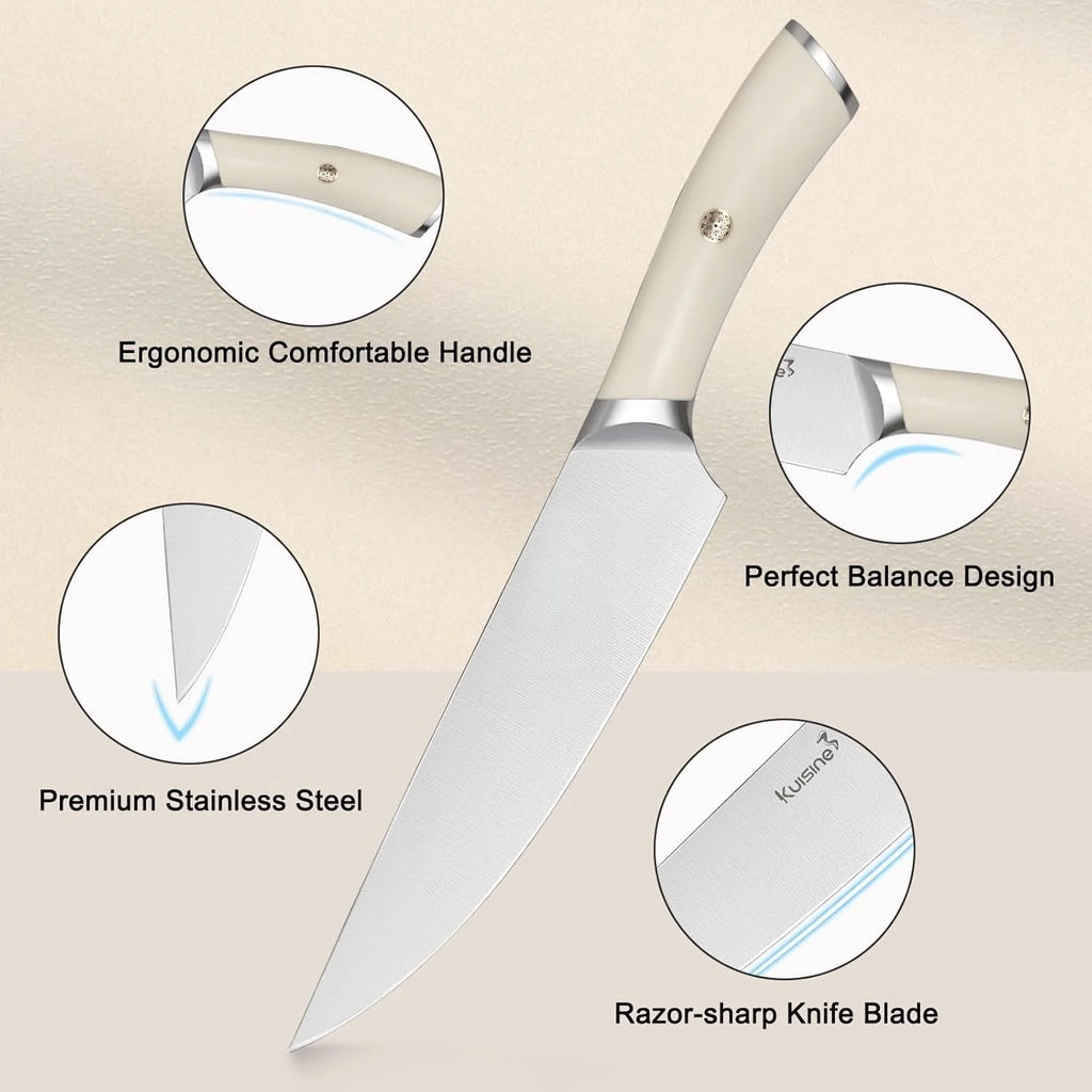 Ivory Knife Block Set (15-PCS) High Carbon Stainless Steel, Built-in Sharpener, Forged Chef Blades