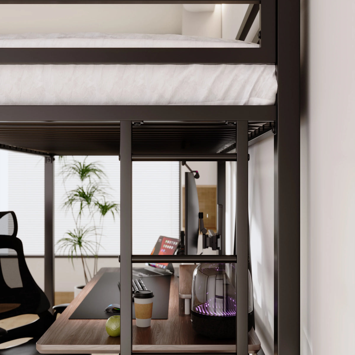 Sifurni Black Heavy Duty Twin Size Metal Loft Bed with Full-Length Guardrail & Removable Stairs