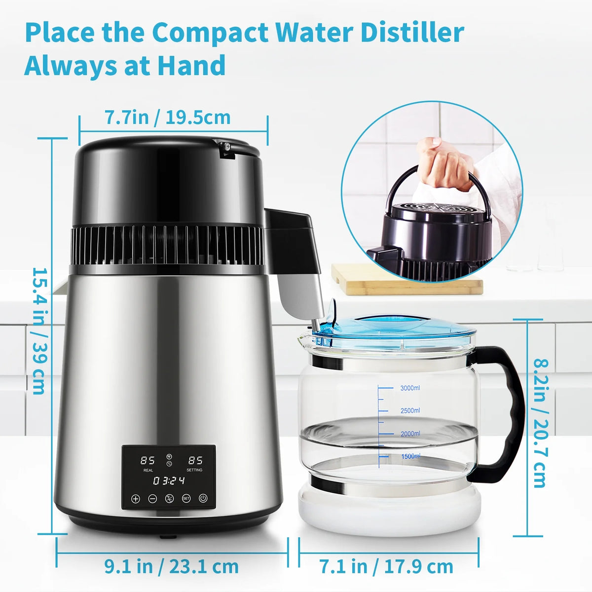 KFFKFF Water Distiller Distilled Water Maker Machine 4L/1.1Gal  0.3Gal/H Output, 750W Power, 0-99H Adjustable Timing