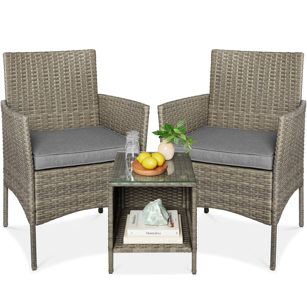 Best Choice Products 3-Piece Outdoor Wicker Conversation Patio Bistro Set, w/ 2 Chairs, Table - Gray/Navy