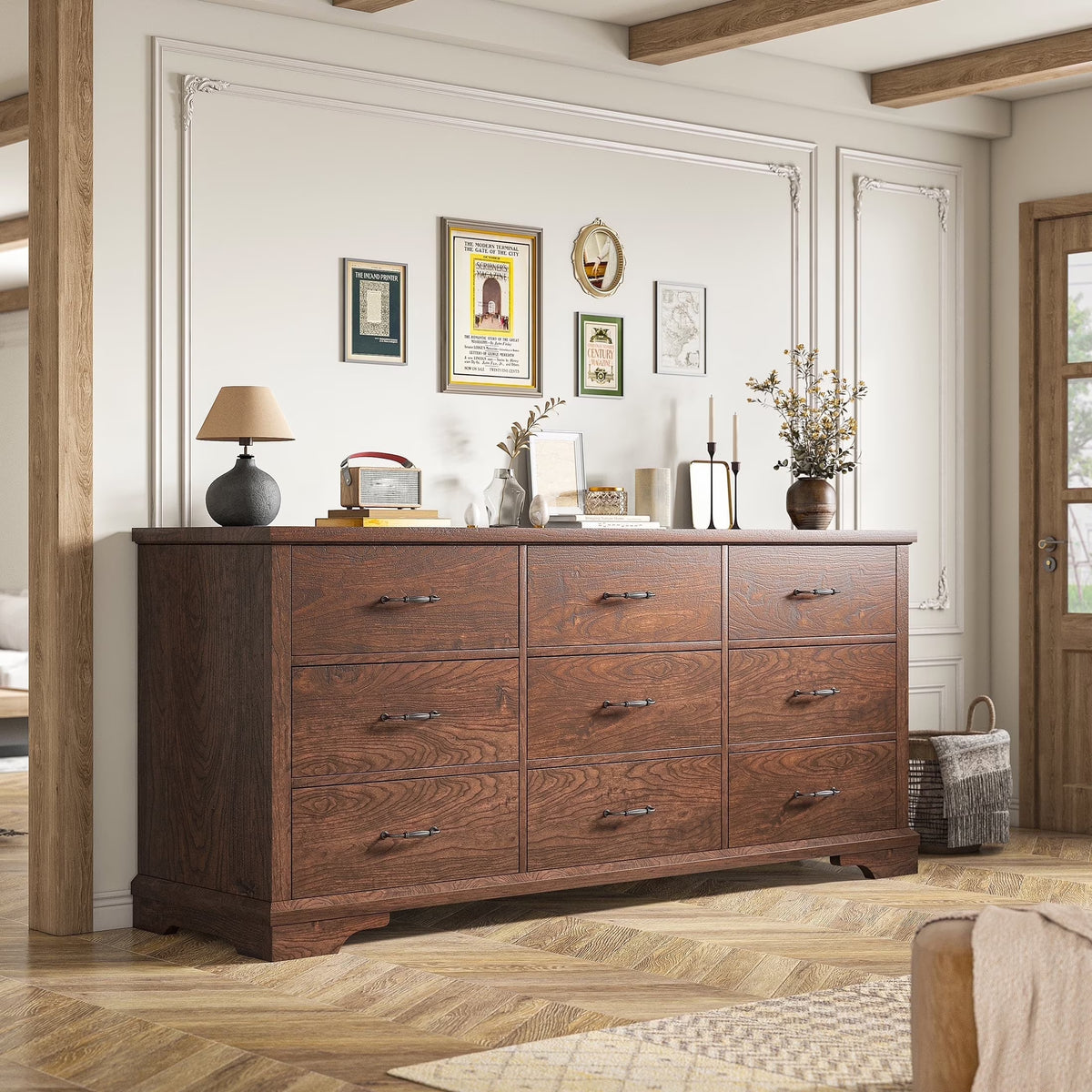EnHomee Wood Dresser for Bedroom 9 Drawer Dressers&Chest of Drawers 63"L x 15.7"W x 31.5"H,Brown