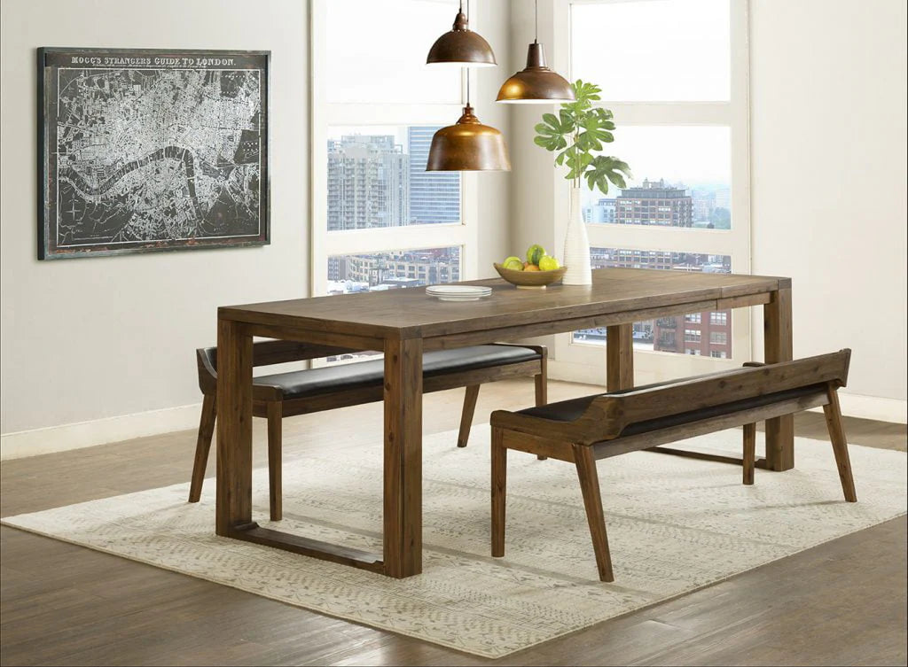 Boraam Rasmus Low Back Faux Leather and Wood Dining Bench, Chestnut Wire-Brush Finish