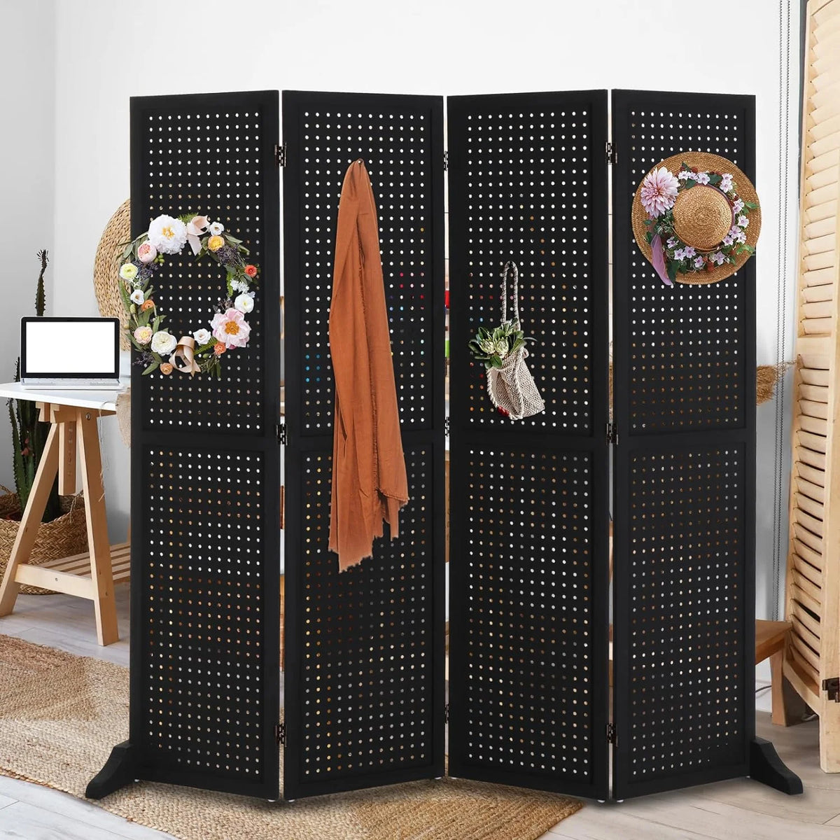 Bonnlo 4 Panel Pegboard Freestanding, 5 FT Portable Display for Craft Show Jewelry, Wooden Folding Room Divider