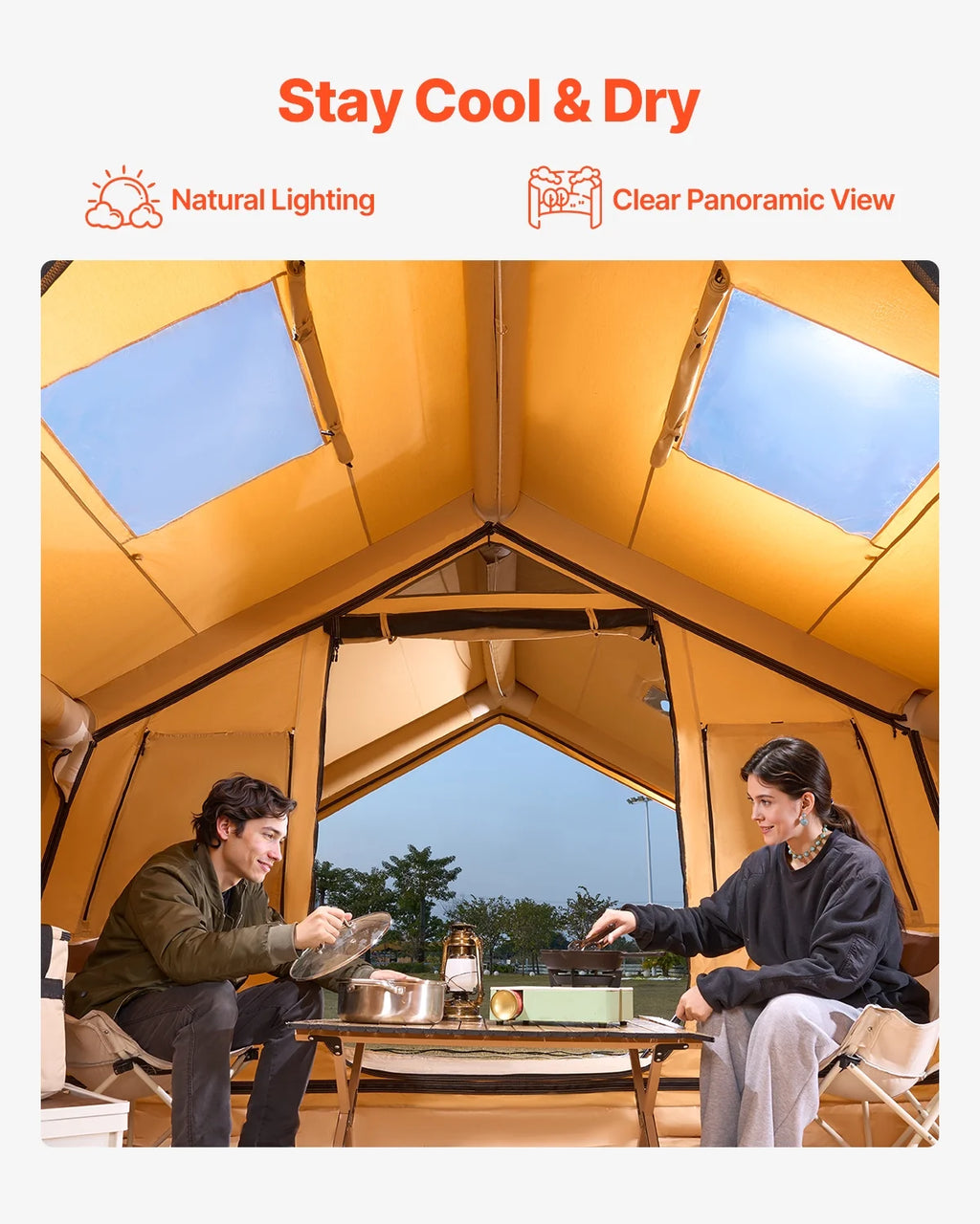 VEVOR Inflatable Tents for Camping,8-12 Person Easy Setup Blow up Tent with Hand Pump,4 Season Luxury Glamping Tent with 2 Skylights, Canopy,Stove Jack, 2 Doors & Mesh Windows(Include Storage Bag)