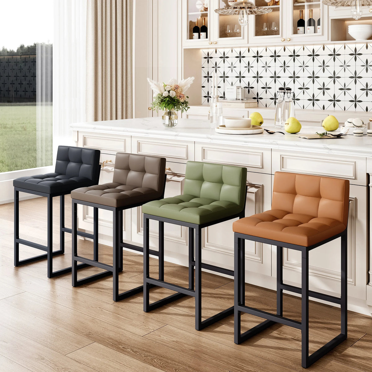 FIRAVOE Bar Stools Set of 3, Counter Height Bar Stools (Low Back)(Thickened Frame) 26" PU Leather Barstools Bar Chairs for Kitchen Island, Black