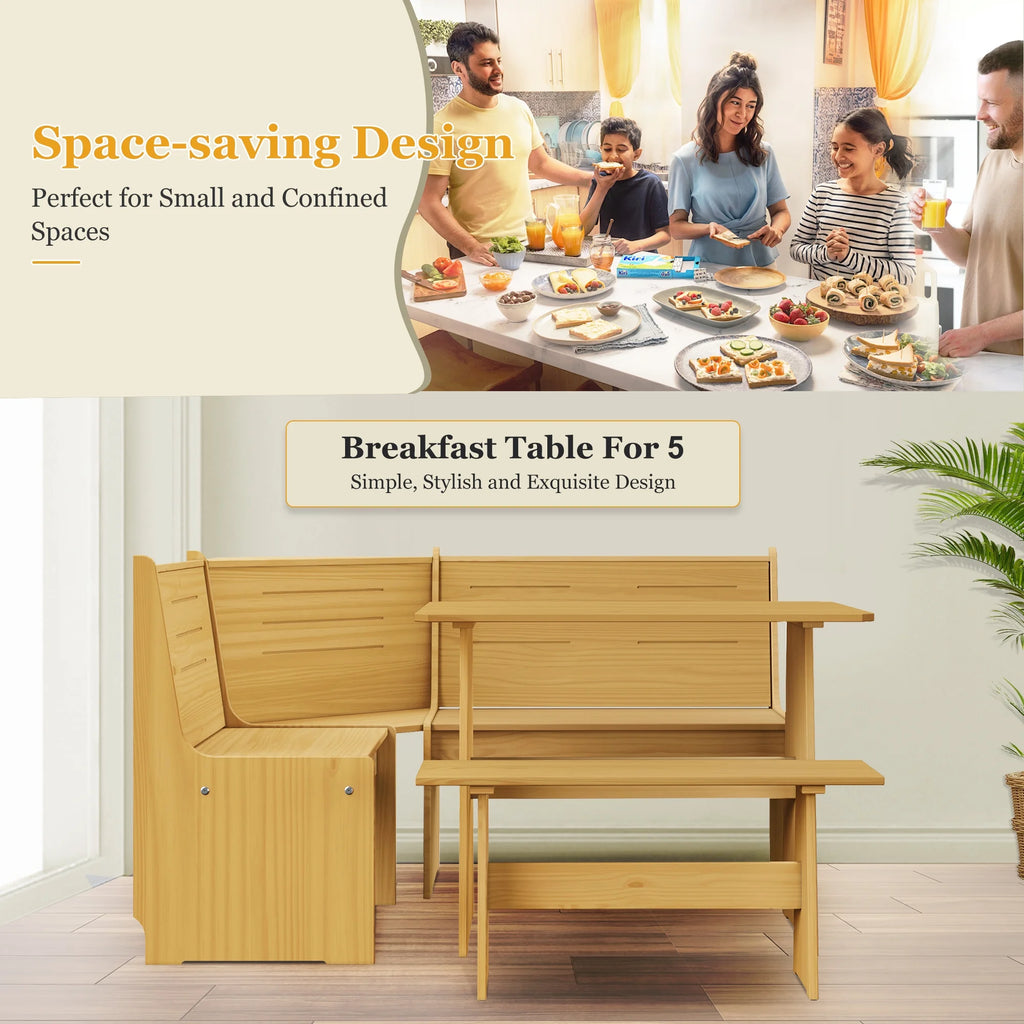 Breakfast Nook Kitchen Corner Dining Table Bench Chair Set, Space-Saving 3-4 Seat L-Shape Farmhouse Mid Century Modern Style for Family Home Black Wood