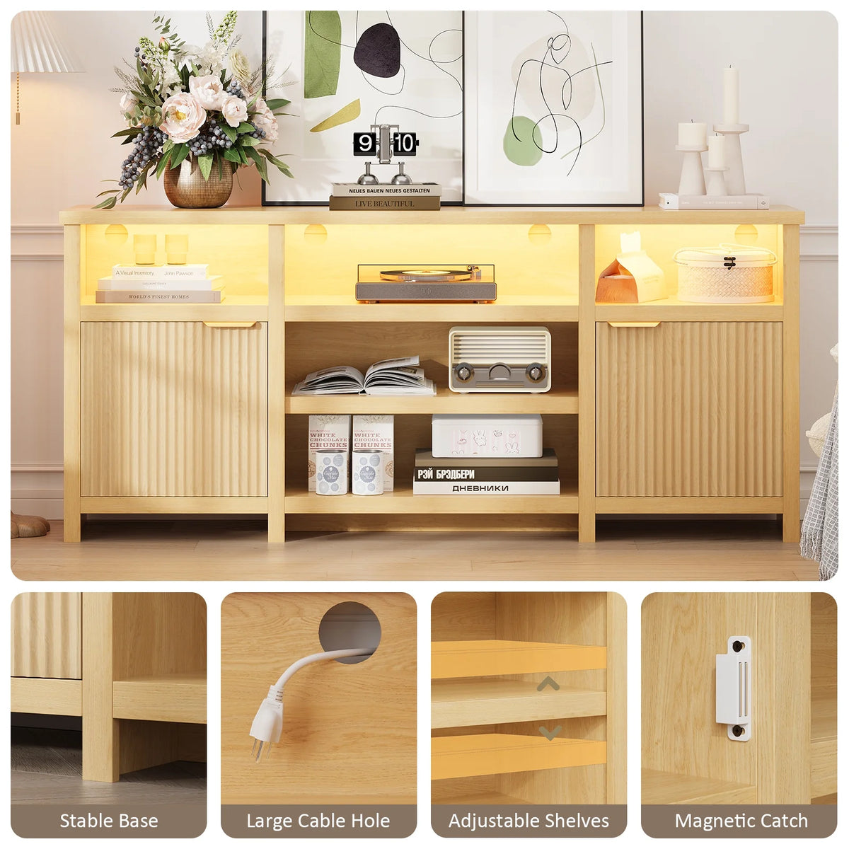 Planntonneo Mid-Century Modern Fluted TV Stand Wooden Media Console Entertainment Center for Living Room, Walnut Color