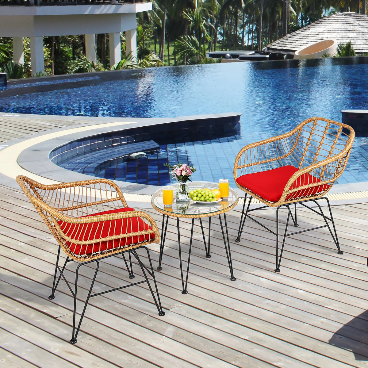 Costway 3PCS Patio Rattan Bistro Furniture Set Cushioned Chair Table Navy