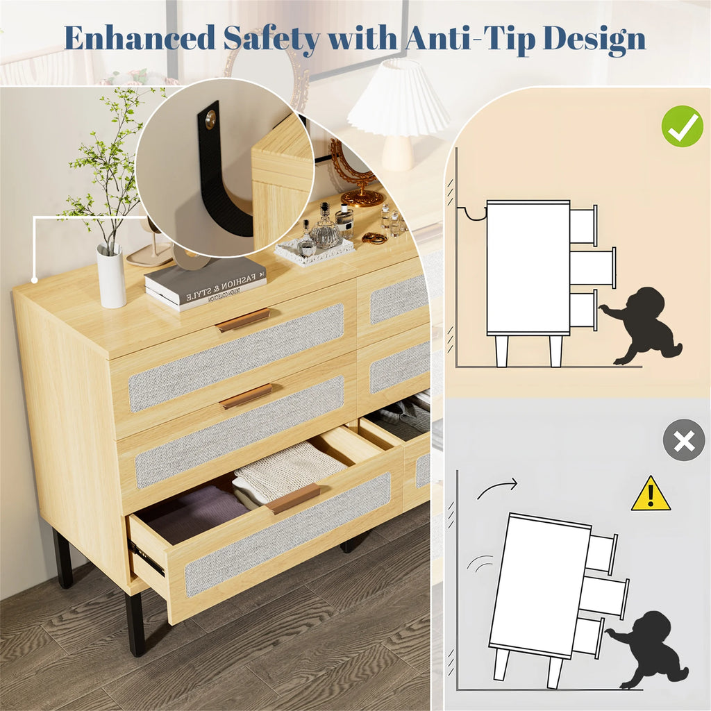 Planntonneo Boho Fluted 6 Drawer Dresser, Wooden Chests for Bedroom