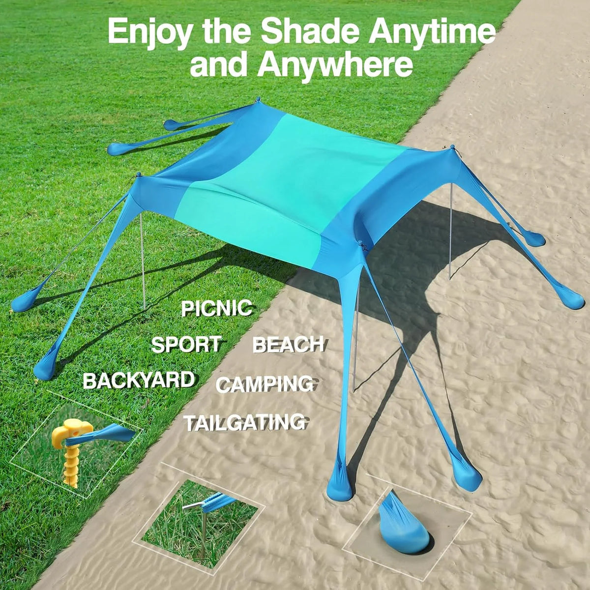 Rhino Valley Beach Tent Sun Shelter, Beach Canopy Tent Sun Shade U PF 50+ Protection with 8 Sandbags 4 Stability Poles, Outdoor Beach Shade Canopy for Beach, Camping, Fishing