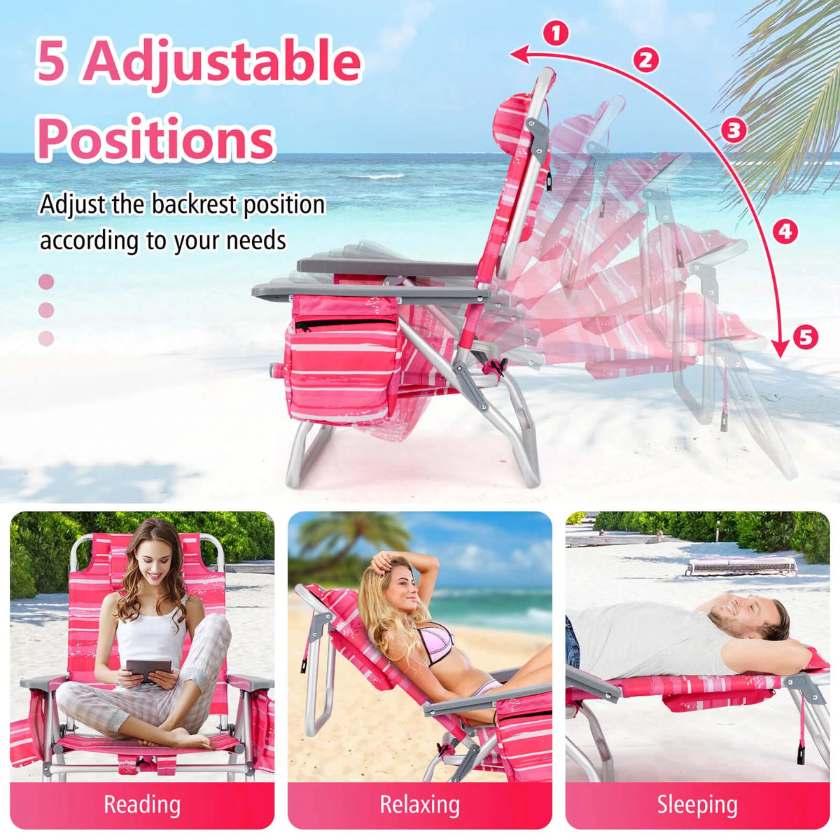 Costway 2-Pack Folding Backpack Beach Chair Table Set 5-Position Outdoor Reclining Chair Pink