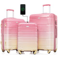 PAPROOS 3-Piece Luggage Set (20''/24''/28''), Hardshell Lightweight Suitcase with USB Port and Side Hooks, Travel Luggage with TSA-Lock, Hardside Rolling Luggage for School, Travel, Pink