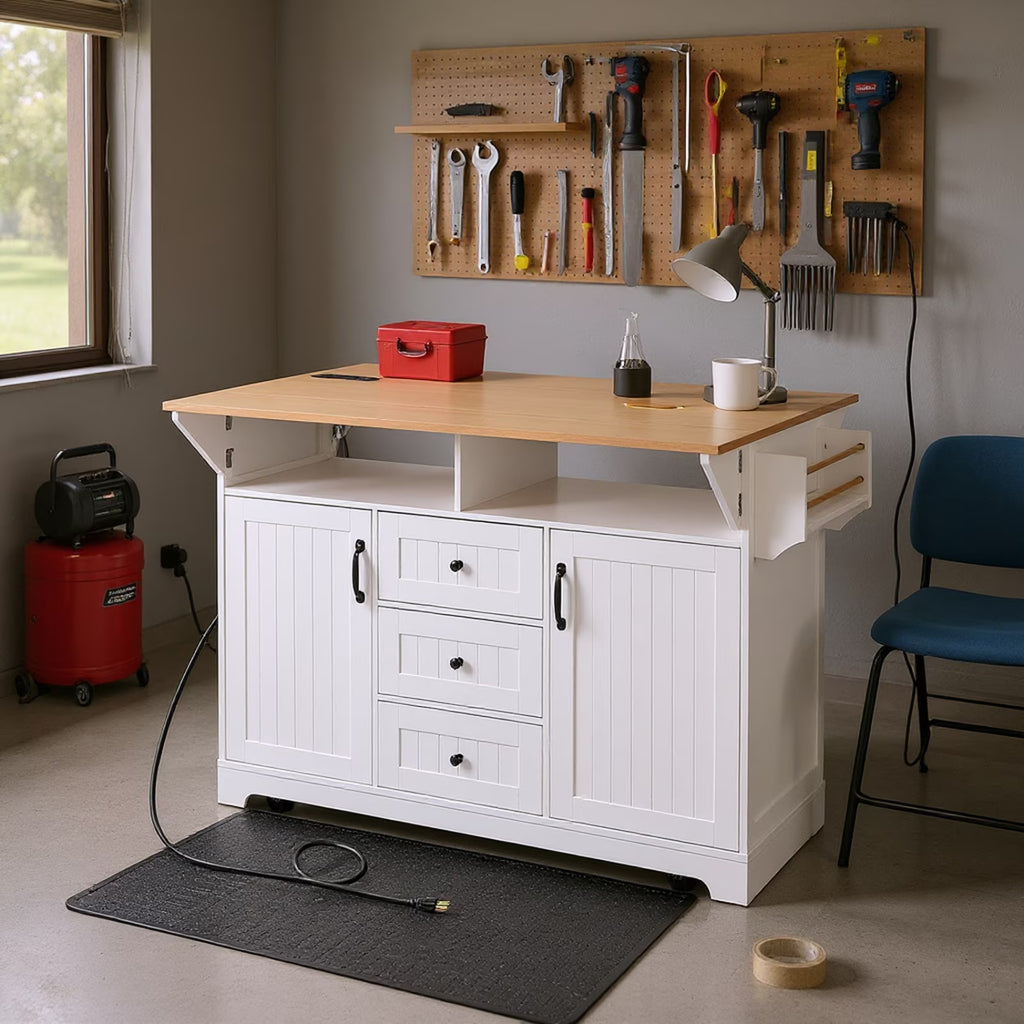 Homy Casa Rolling Large Garage Storage Cabinet with Dual Drop Leaves, Power Outlets for Office Gym, School
