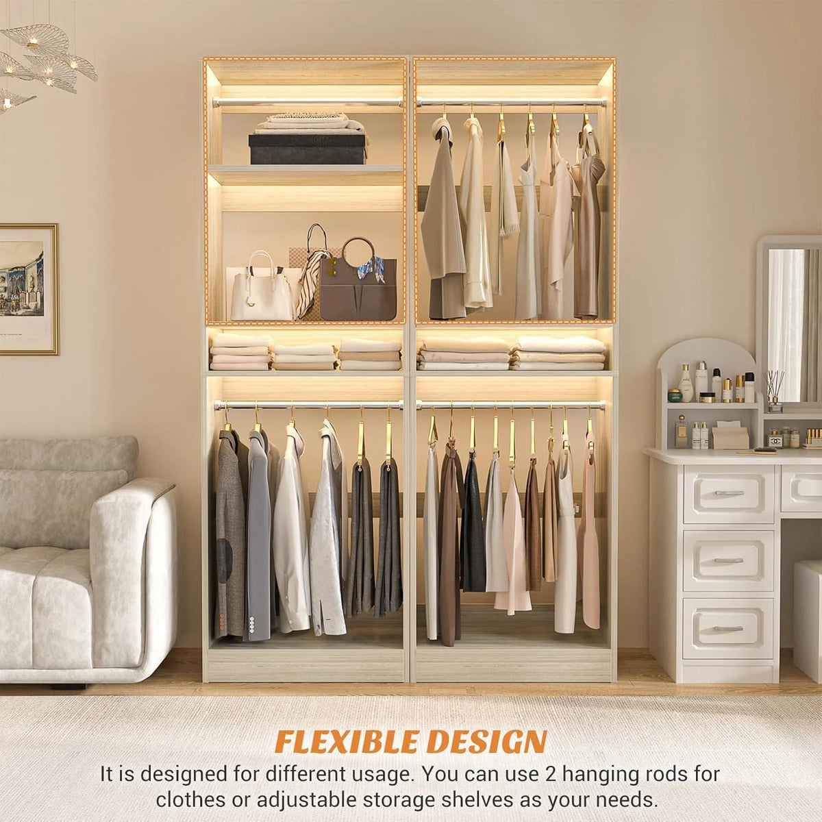 Homieasy 25 Closet System, Freestanding Closet Organizer Wardrobe with Hanging Rods and Shelves, Adjustable Clothes Garment Rack, Sturdy Walk in Closet Tower, White