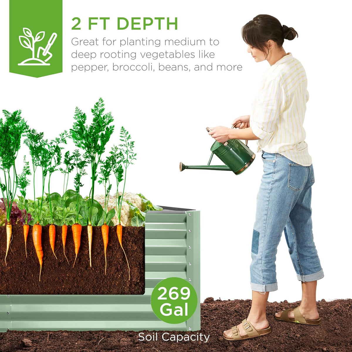 Gloaa 6x3x2ft Outdoor Metal Raised Garden Bed, Deep Root Box Planter for Vegetables, Flowers, Herbs, and Succulents w/ 269 Gallon Capacity Sage Green