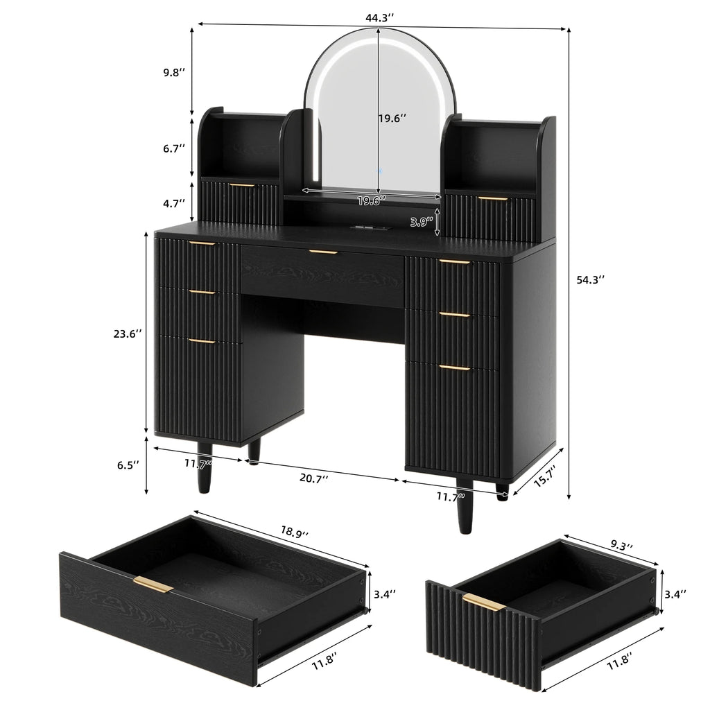 UGTOO 45.2" Modern Vanity Desk with LED Mirror & USB Charging, Wood Makeup Dressing Table with 7 Drawers for Bedroom