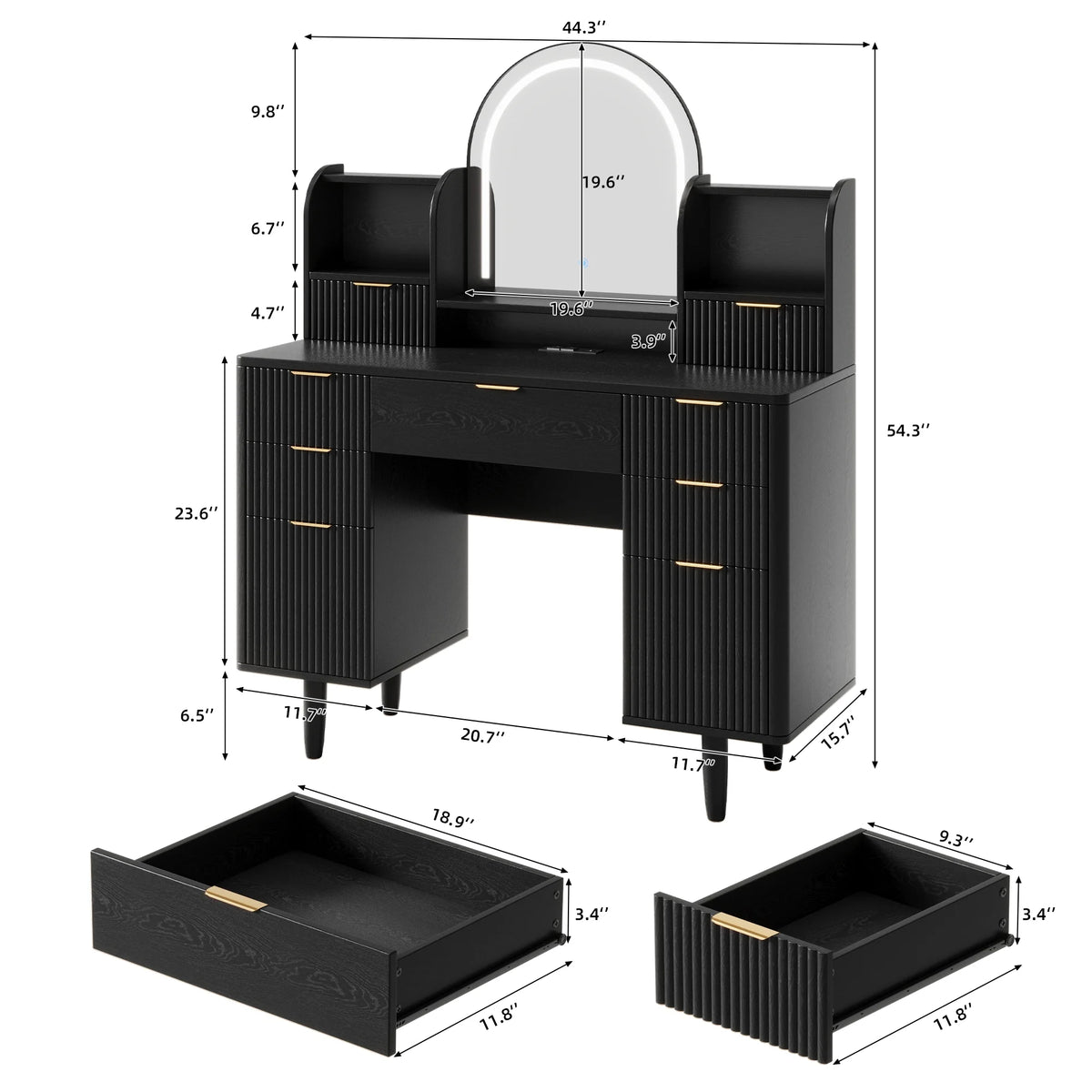UGTOO 45.2" Modern Vanity Desk with LED Mirror & USB Charging, Wood Makeup Dressing Table with 7 Drawers for Bedroom