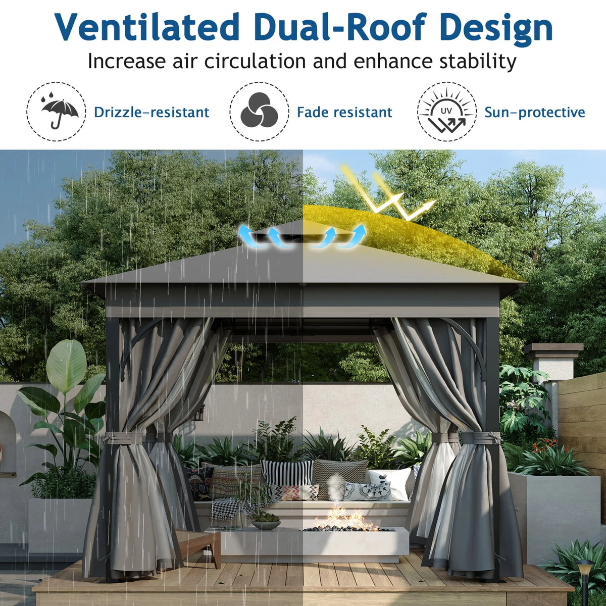 10'x10' Outdoor Gazebo,Patio Gazebo with Mosquito Netting and Privacy Screens for Backyard, Garden, Lawn and Deck,Grey