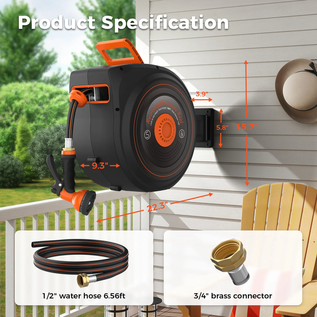 Retractable Garden Hose Reel 1/2 in x 100 ft, Auto-Rewind & Any Length Lock, 180 Swivel Heavy Duty Hose Reel Wall Mount for Outside, 10 Spray Patterns, UV-Resistant