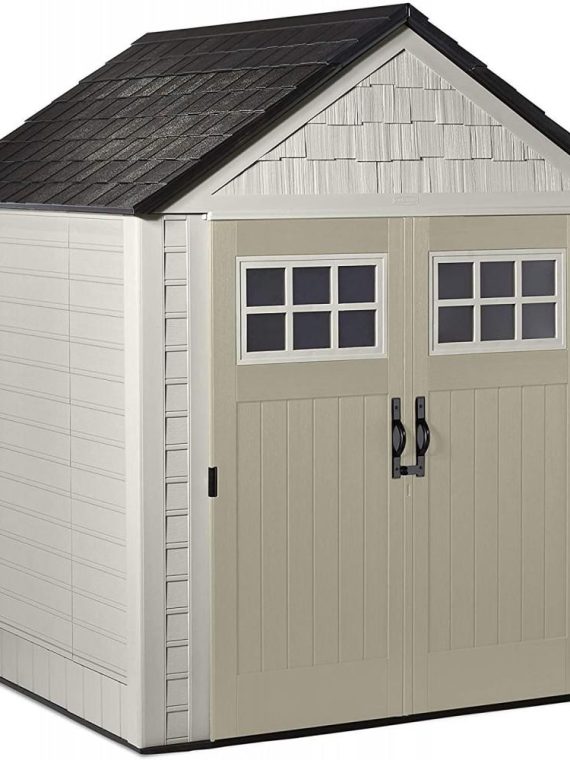 Rubbermaid 7×7 Ft Durable Weather Resistant Resin Outdoor Garden Storage Shed with Windows and Utility Hooks, Sand